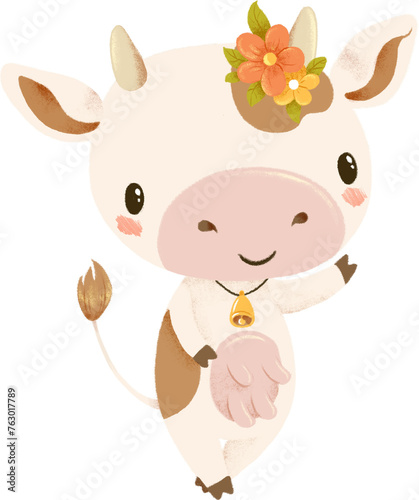 Cute cartoon milky cow with wreath of flowers welcoming. Kawaii cow illustration for dairy products or farm pictures. Transparent background