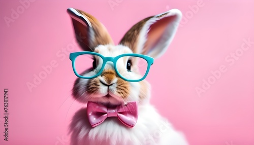 easter bunny cute funny  big ears rabbit wearing blue glasses with pink tie bow in a isolated pink background