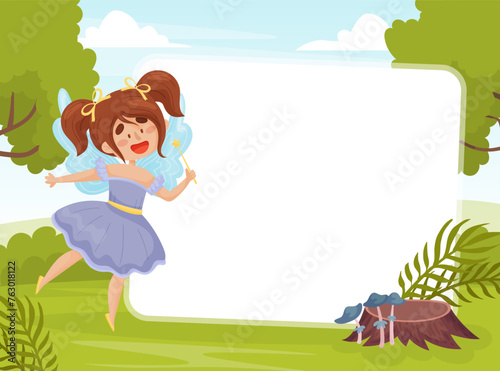 Note Card with Flying Cute Girl Fairy with Wings and Smiling Face Vector Template