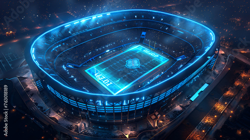 Blue Neon Lights Illuminate Night Football Stadium, Generative AI