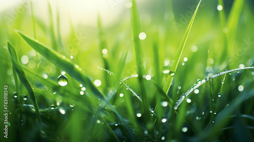 Blurred background of fresh green grass with dew drops
