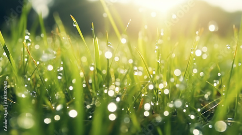Blurred background of fresh green grass with dew drops