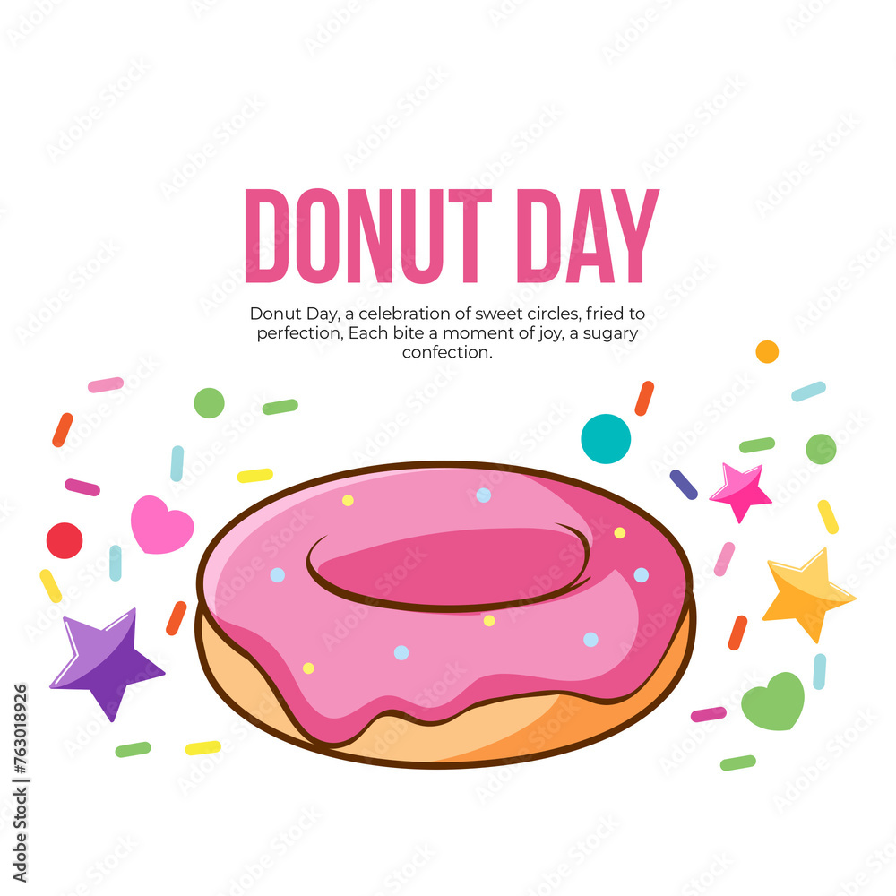 Illustration of donuts with sprinkles on an orange background. Text reads Illustration of donuts with sprinkles on an orange background. Text reads