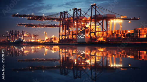 Bokeh of cargo ship and crane at port reflect on river