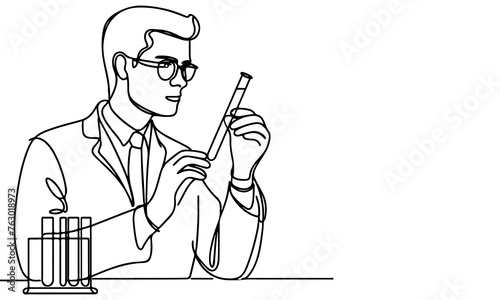 one continuous black line drawing sketch doctor man looking at pouring liquid in test tube of clear solution in a Scientist laboratory International Doctor's Day concept vector illustration