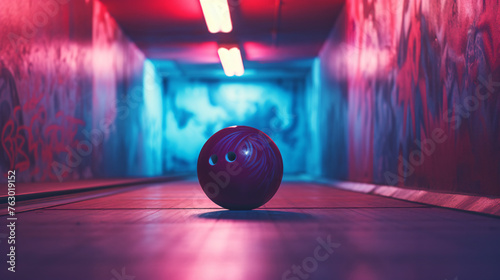 Bowling ball poised against the vibrant alley backdrop photo