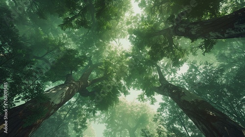 Majestic Forest Trees Reaching Towards the Sky, Verdant Foliage Forming a Lush Canopy Overhead. Serene Woodland Landscape Concept.