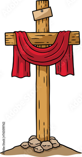 Vector Cartoon Wooden Cross With Red Clothe Mounted On Rocks