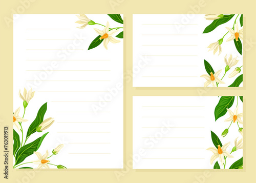 Flower Branch Empty Note Card Design with Tender Blossom Vector Template
