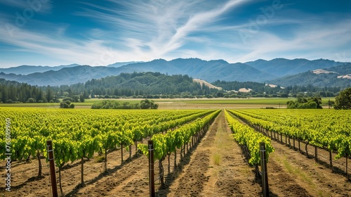 Vineyard with grapes in late summer before harvest near a winery stock photo