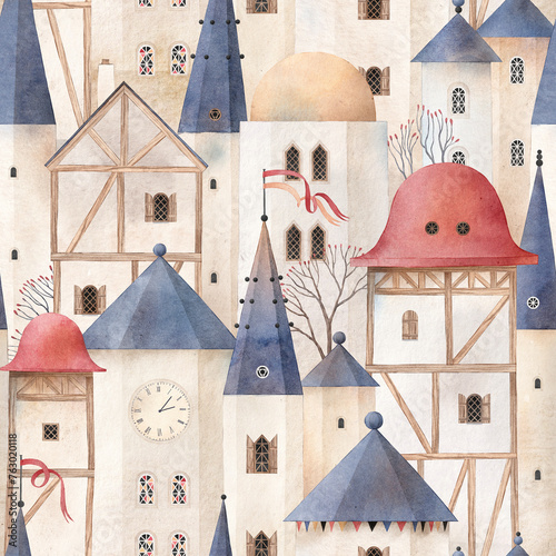 Cute childish background with fairytale city. Fairy tale castle, fantasy towers, high roofs. Watercolor background illustration.