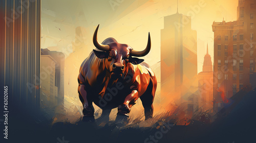 Bull illustration against city backdrop indicating rob photo