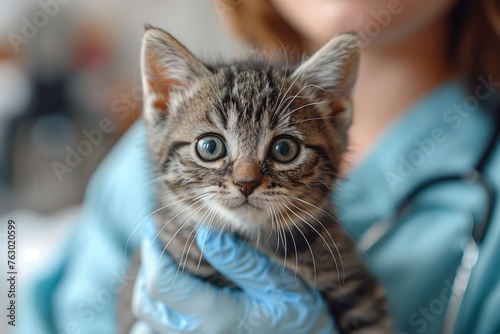 Veterinarian cradles a Felidae kitten, examining its fur and whiskers © Raptecstudio