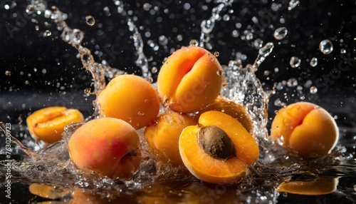 apricot fruits are hit by splashes of water with a black background
