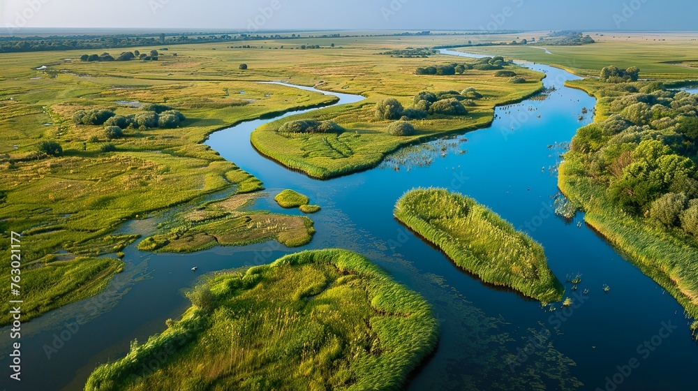 A tranquil river delta with meandering channels and marshy wetlands