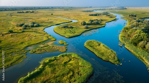 A tranquil river delta with meandering channels and marshy wetlands