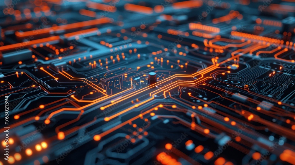 Macro close-up view of an electronic circuit board highlighting the pathways and micro components. Macro close-up view of an electronic circuit board highlighting the pathways and micro components.