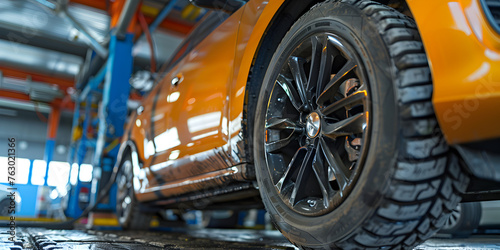   Car care maintenance and servicing tires in the warehouse of a tire dealer Closeup of beautiful alloy wheels of an expensive supercar. In the sports car sales center  © Faiza