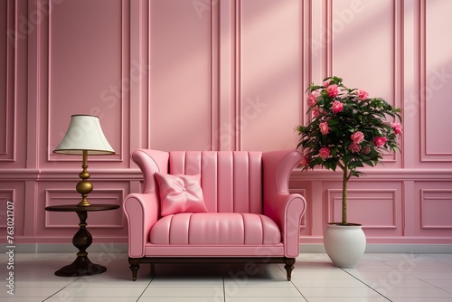 stylist and royal Art Deco interior in classic style with pink armchair and lamp.3d rendering, space for text