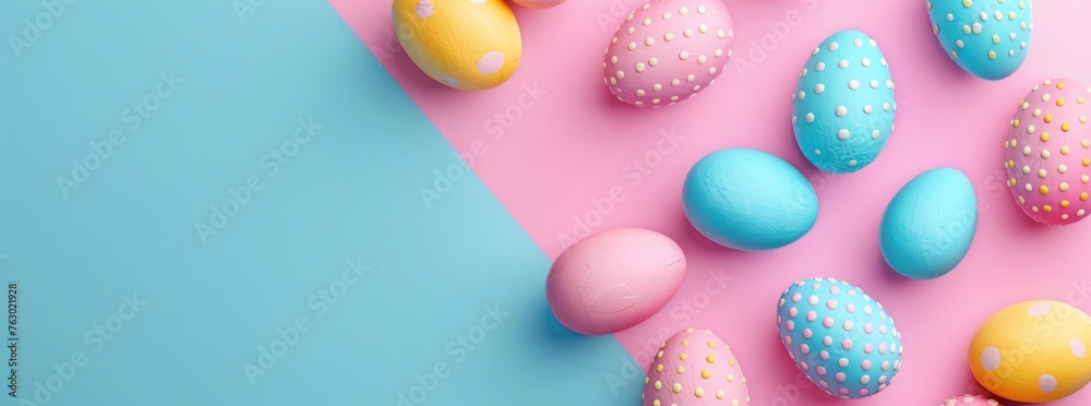 Colorful Easter eggs hanging on a pink and blue background in the style of copy space
