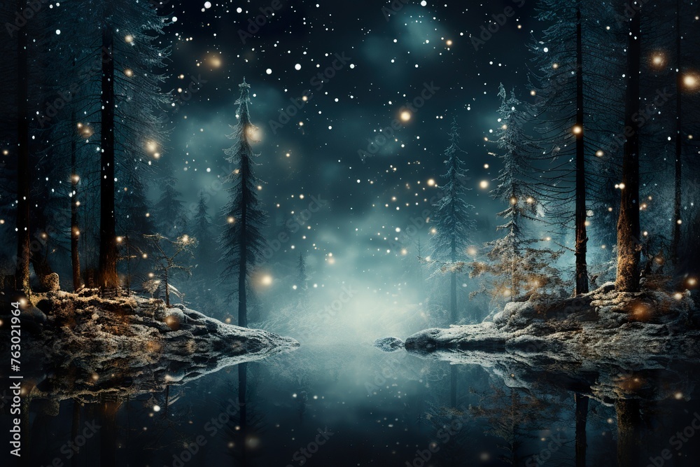 stylist and royal Beautiful snowy forest and abstract shiny light background, space for text, photographic
