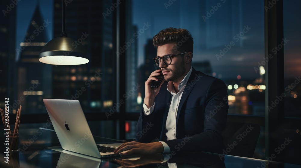 Entrepreneur making a phone call while working in an office. - obrazy, fototapety, plakaty 