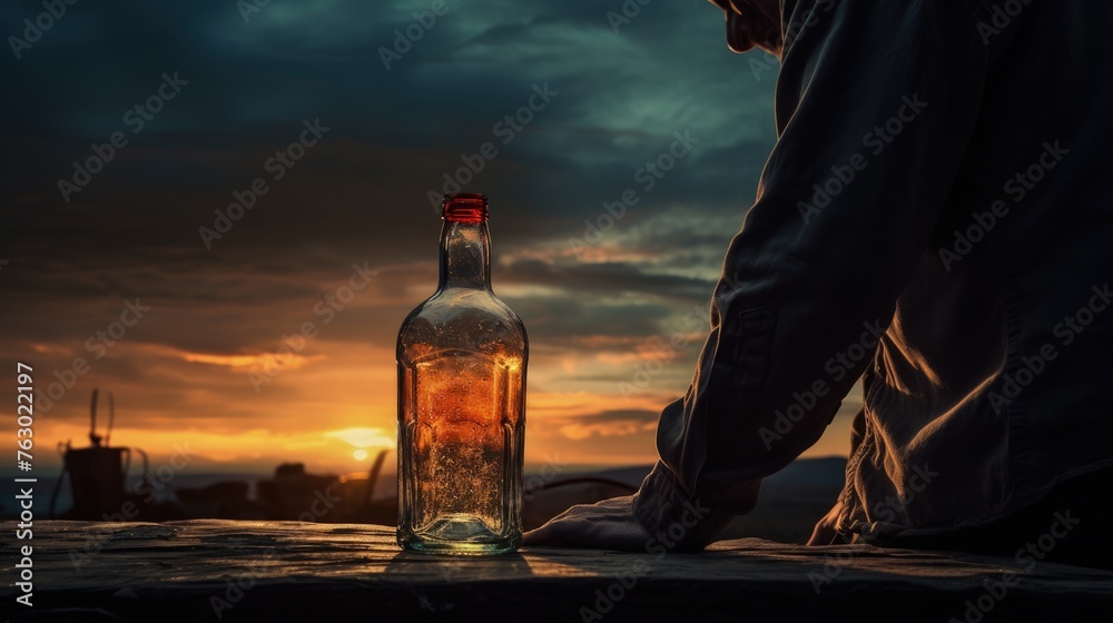 Empty alcohol bottle in the hands of a man, gaze staring into the distance - obrazy, fototapety, plakaty 