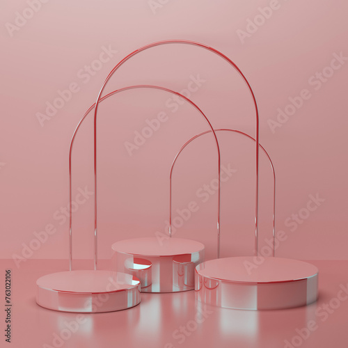 Set of three round pink polish glossy pedestals for cosmetic products as mockup with arches on pink background. Scene for presentation skin care products, gifts,  advertising, sale in elegant style.