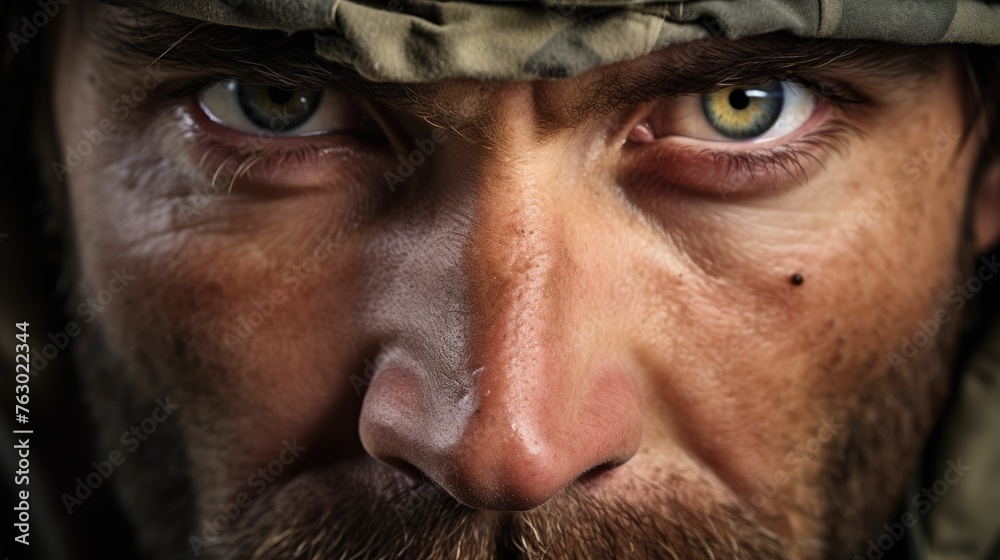 Eyes of a military volunteer expressing determination and strength - obrazy, fototapety, plakaty 
