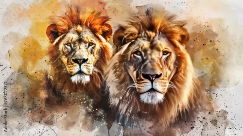 Watercolor art illustration of a lion's face with multi-colored fur on a white background. © abdul kahfi