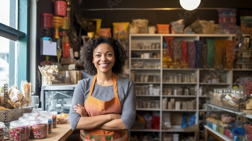 Ethnic small business owner smiling cheerfully in her shop.