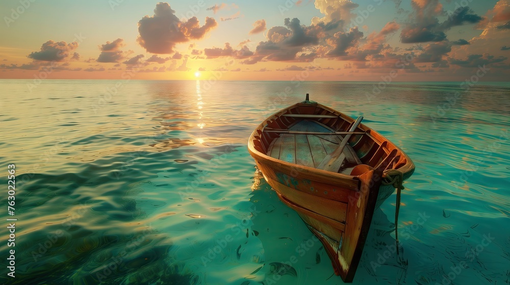 A lone wooden boat floats on calm turquoise waters as the sun sets, painting the sky with hues of orange and blue. serenity, sea, wooden, boat, float, calm, turquoise, waters, sunset, sky, orange