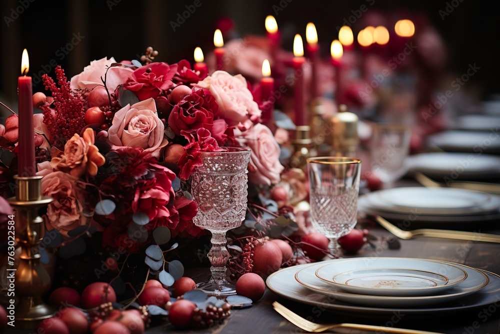 stylist and royal Bohemian Christmas Table with flowers and candles, space for text, photographic