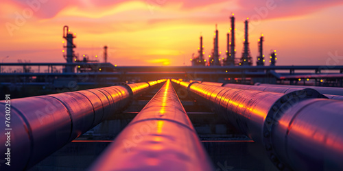 Pipelines at oil refinery with bright sunset