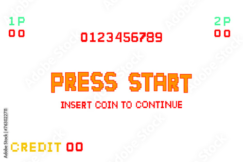 PRESS START INSERT A COIN TO CONTINUE .pixel art .8 bit game. retro game. for game assets .Retro Futurism Sci-Fi Background. glowing neon grid. and stars from vintage arcade computer games