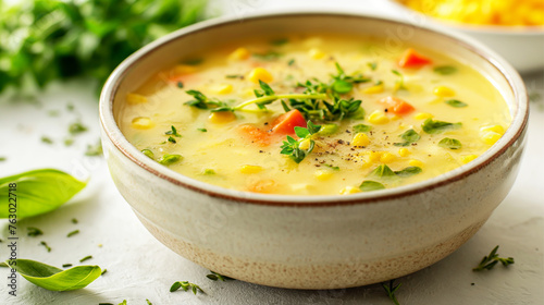 A delicious corn soup topped with corn kernels and chopped vegetables in a white ceramic cup.	