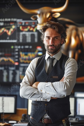 Businessman standing in office, with a bull in background, as bullish market sentiment. Trading charts, concept of financial markets trading, with bulls and bears indicating market trends.