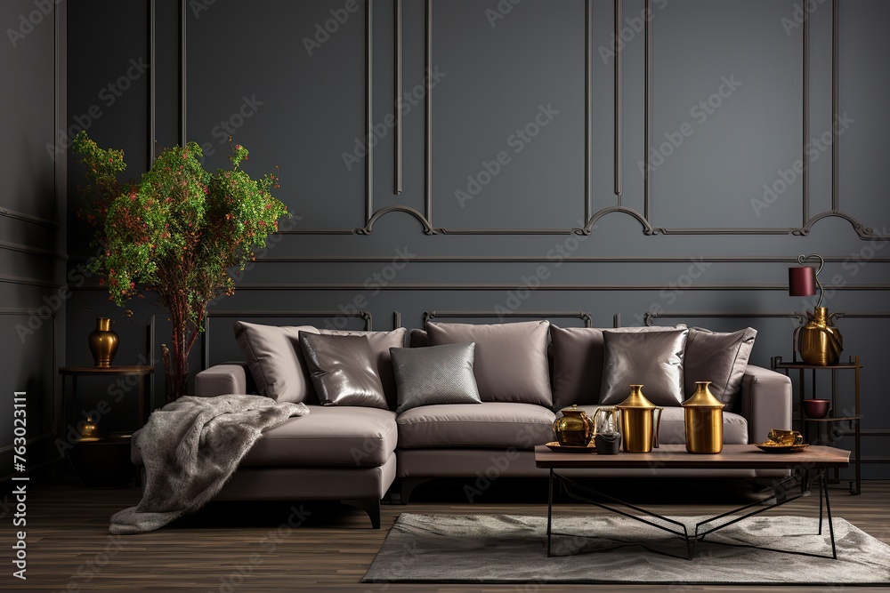 stylist and royal Chic modern luxury aesthetics style living room in gray tone, space for text, photographic - obrazy, fototapety, plakaty 