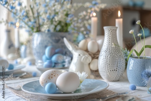 Easter Table Decorated, Colorful Eggs and Easter Bunny Celebration Design