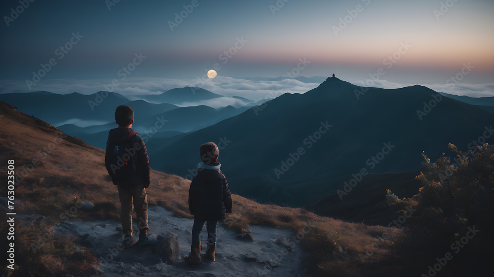 Silhouette of little kids looking at the moon  AI generated image, ai. Children sit and look at the evening sky with stars and the moon.