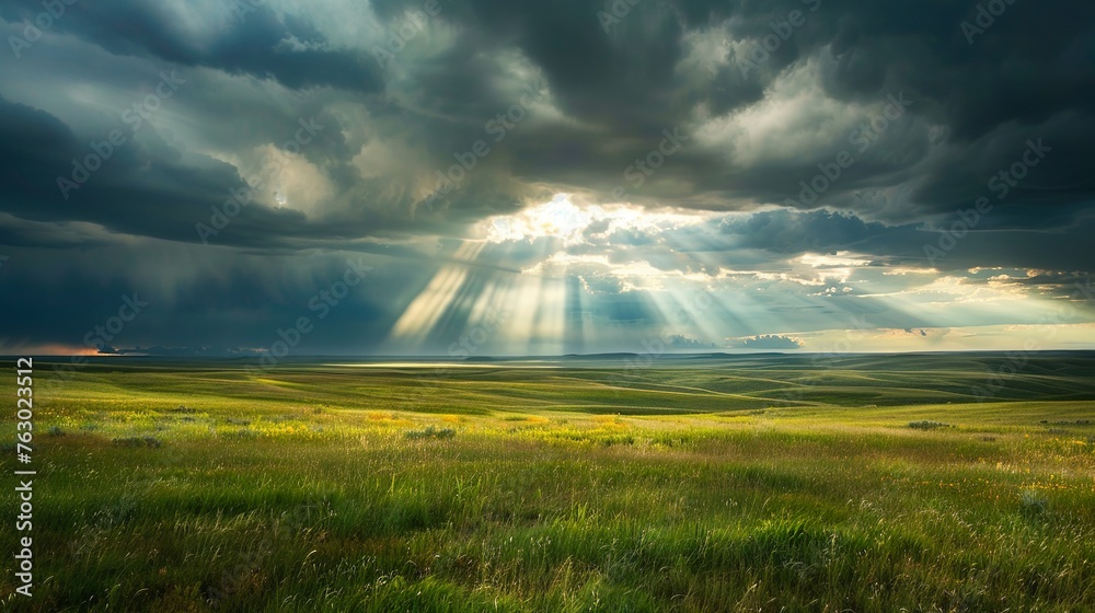 Sunlight breaking through storm clouds over a vast Sunlight breaking through storm clouds over a vast