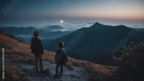 Silhouette of little kids looking at the moon AI generated image, ai. Children sit and look at the evening sky with stars and the moon.
