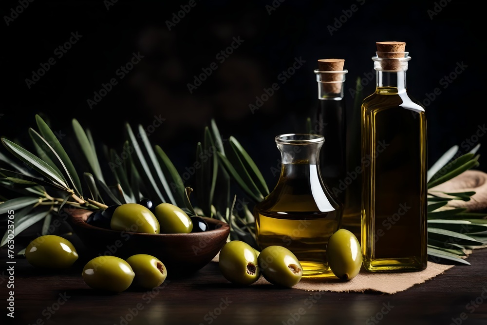 bottle of olive oil and olives