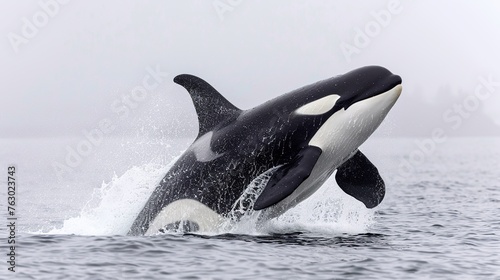 Portrait huge killer whale jumping out of the water