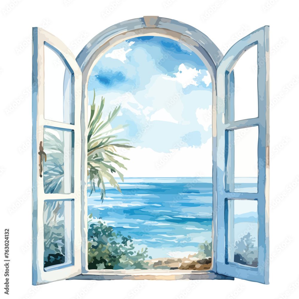 Ocean Landscape Window Watercolor Clipart clipart isolated