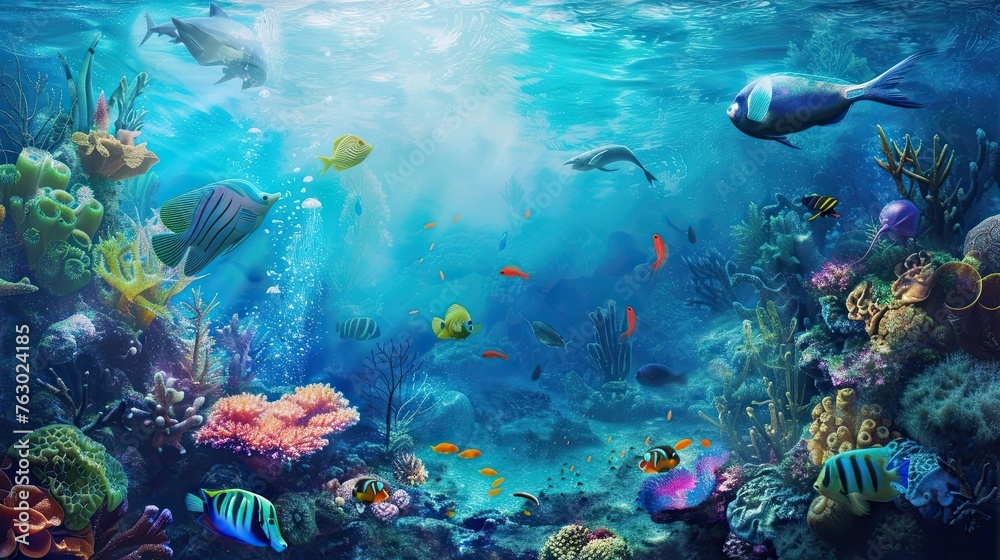 Underwater world, corals, sea life, fish, bright colors, natural environment, flora and fauna, sun rays, water, aqua, sea, ocean, realistic style. Generative by AI