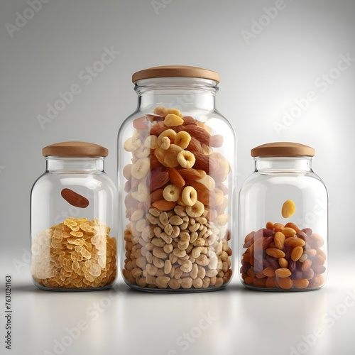 nuts and dried fruits in glass  jars with a white background photo