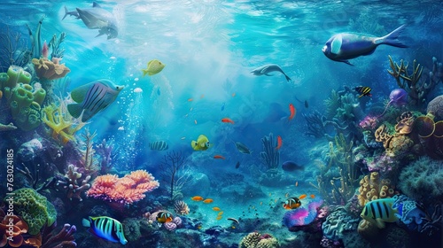 Underwater world, corals, sea life, fish, bright colors, natural environment, flora and fauna, sun rays, water, aqua, sea, ocean, realistic style. Generative by AI © Anastasia