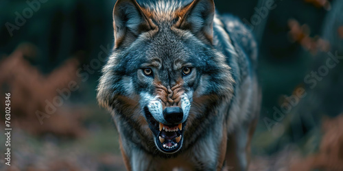 Portrait of a Grey wolf angry in the forest