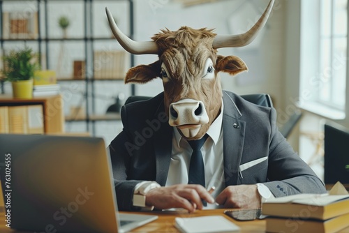 Businessman with bull head standing in office, as bullish market sentiment. Trading charts, concept of financial markets trading, with bulls and bears indicating market trends.